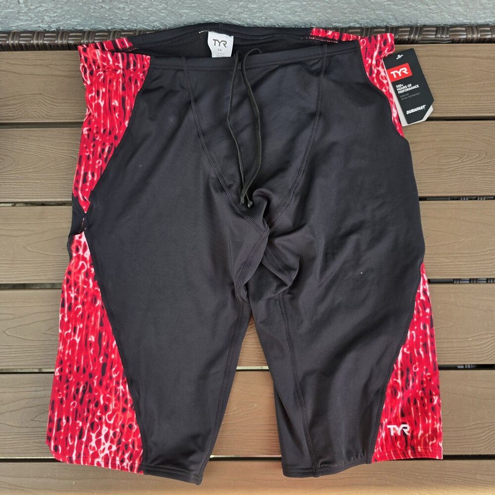 TYR Durafast Elite Men's Red/Black Atolla Blade Swim Jammer SZ 38 New